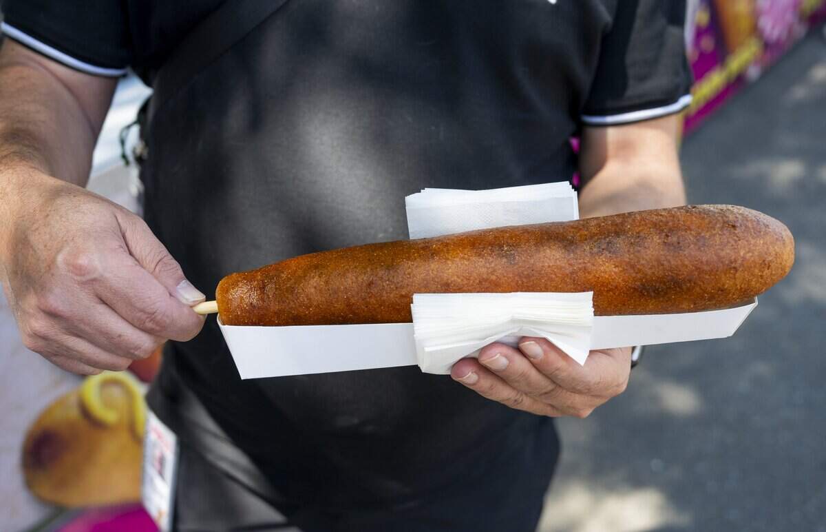 Sean Timberlake, the food and dining reporter for The Sacramento Bee, holds a Milo’s corn dog during the opening day of the California State Fair in Sacramento on Friday, July 17, 2026.