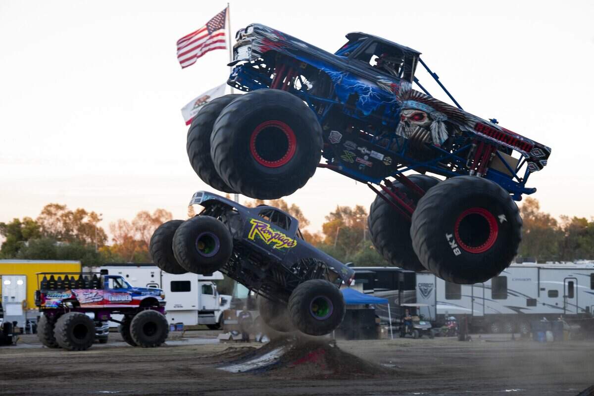 Monster trucks race at the California State Fair in Sacramento on Saturday, July 25, 2026.