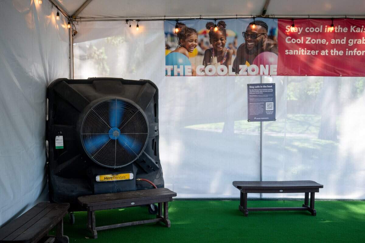 A fan blows inside the cooling station for extreme heat during the California State Fair media day at Cal Expo in Sacramento on Wednesday, July 15, 2026.