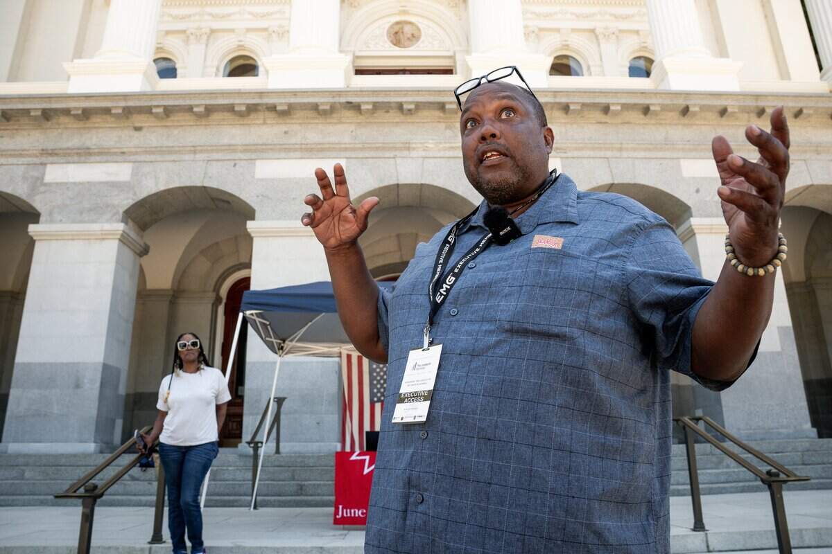 Michael Harris, chair of the California Buffalo Soldiers Project, talks about the African American regiments during a National Buffalo Soldiers Day event at the state capitol in Sacramento on Tuesday, July 28, 2026.