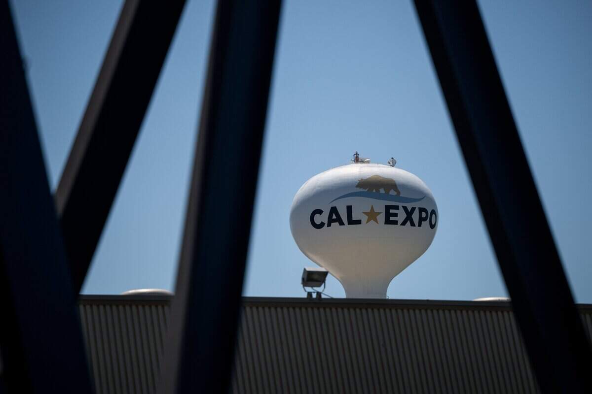 The Cal Expo water tower is seen during the California State Fair media day on Cal Expo in Sacramento on Wednesday, July 15, 2026. One of this year’s exclusive State Fair postal stamps features an image of the iconic water tower.