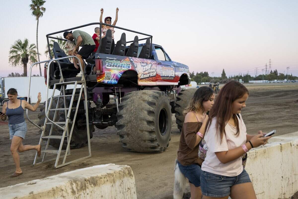 Attendees exit a monster truck ride at the California State Fair in Sacramento on Saturday, July 25, 2026.