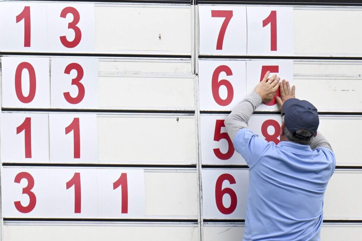 The scoreboard is updated during the American Century Golf Tournament in Stateline, Nev. on Sunday, July 12, 2026.