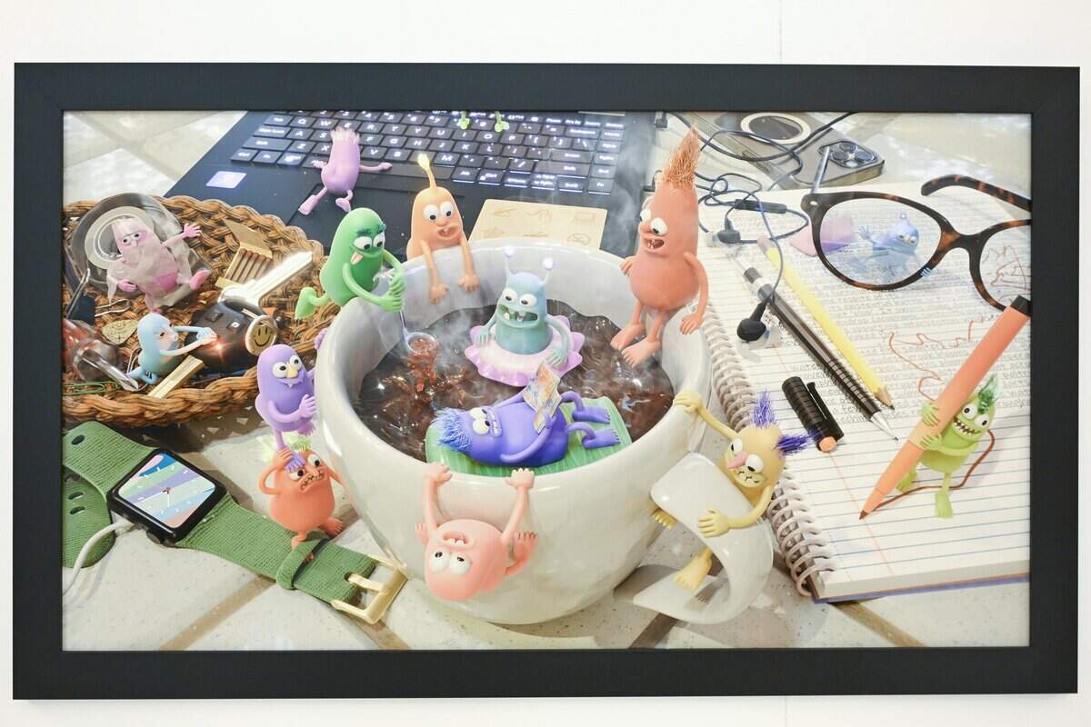 Nick Charonis’s digital art piece “Don’t Drink the Coffee” at the California State Fair in Sacramento on Friday, July 24, 2026. The piece, which received Best of Show and Juror’s Choice awards in the fine art competition, was created using Blender, a 3D modeling software.