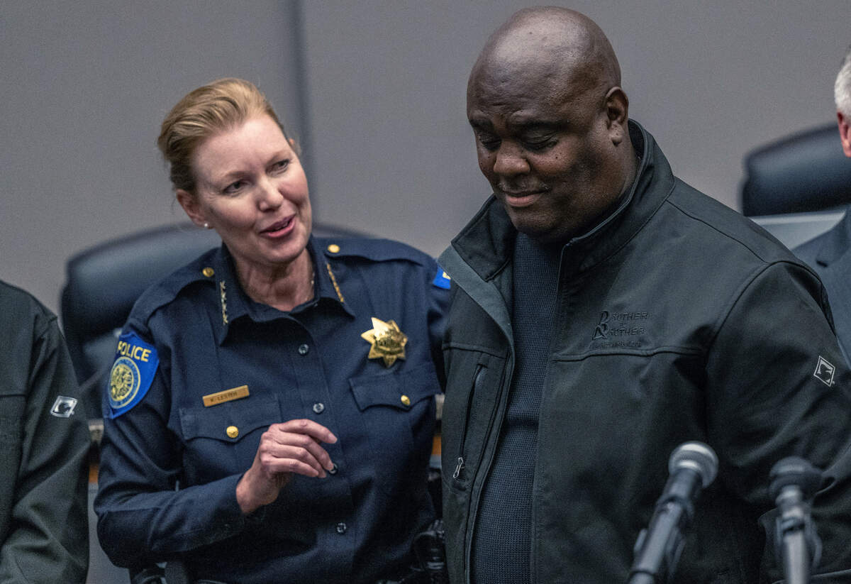 Sacramento Police Chief Kathy Lester, talks with Merv Brookins, founder of community mentorship program Brother to Brother, on Wednesday, OCt. 25, 2023 after he discussed a recent crime report that shows a year-to-date reduction in violent crime – including homicide, rape, robbery and aggravated assault – in the city compared to 2022.