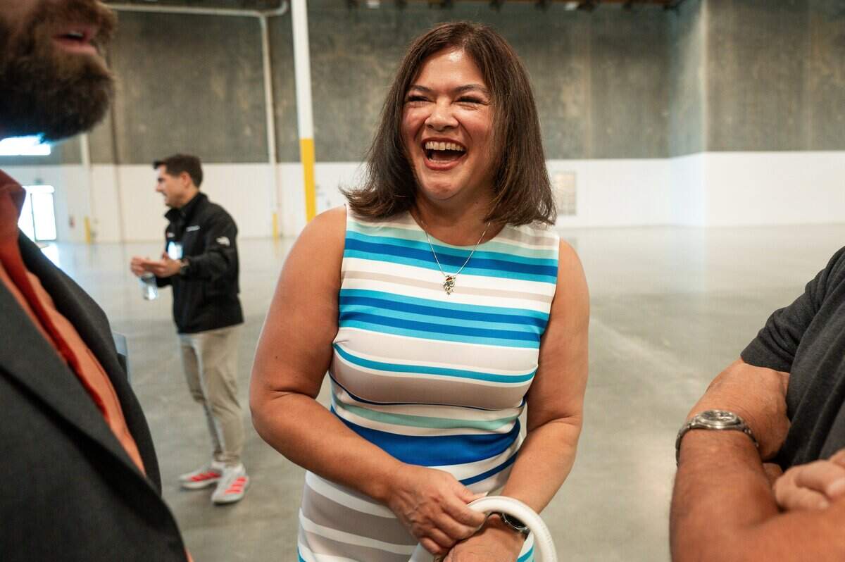 Lora Anguay, CEO and General Manager of SMUD, attends a Peak Energy news conference announcing a new battery plant in Sacramento County on Wednesday, July 8, 2026.