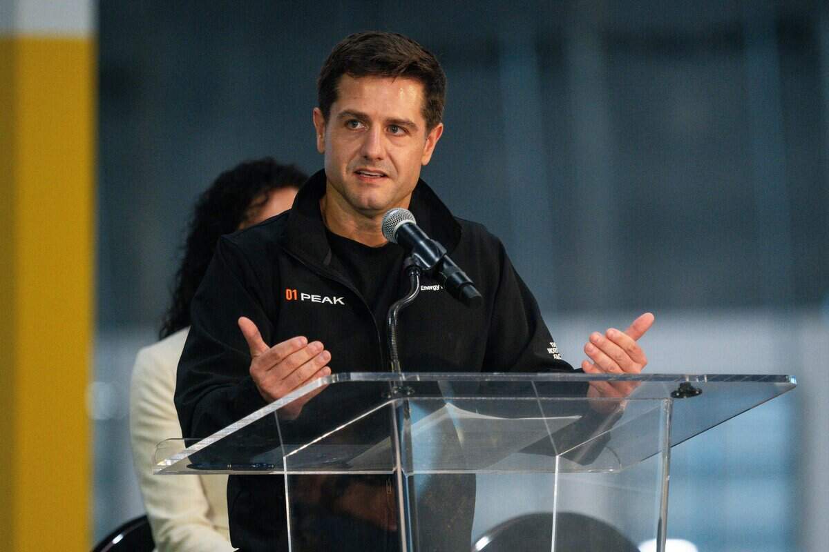 Landon Mossburg, CEO and co-founder of Peak Energy, speaks at a news conference announcing a new battery plant in Sacramento County on Wednesday, July 8, 2026.