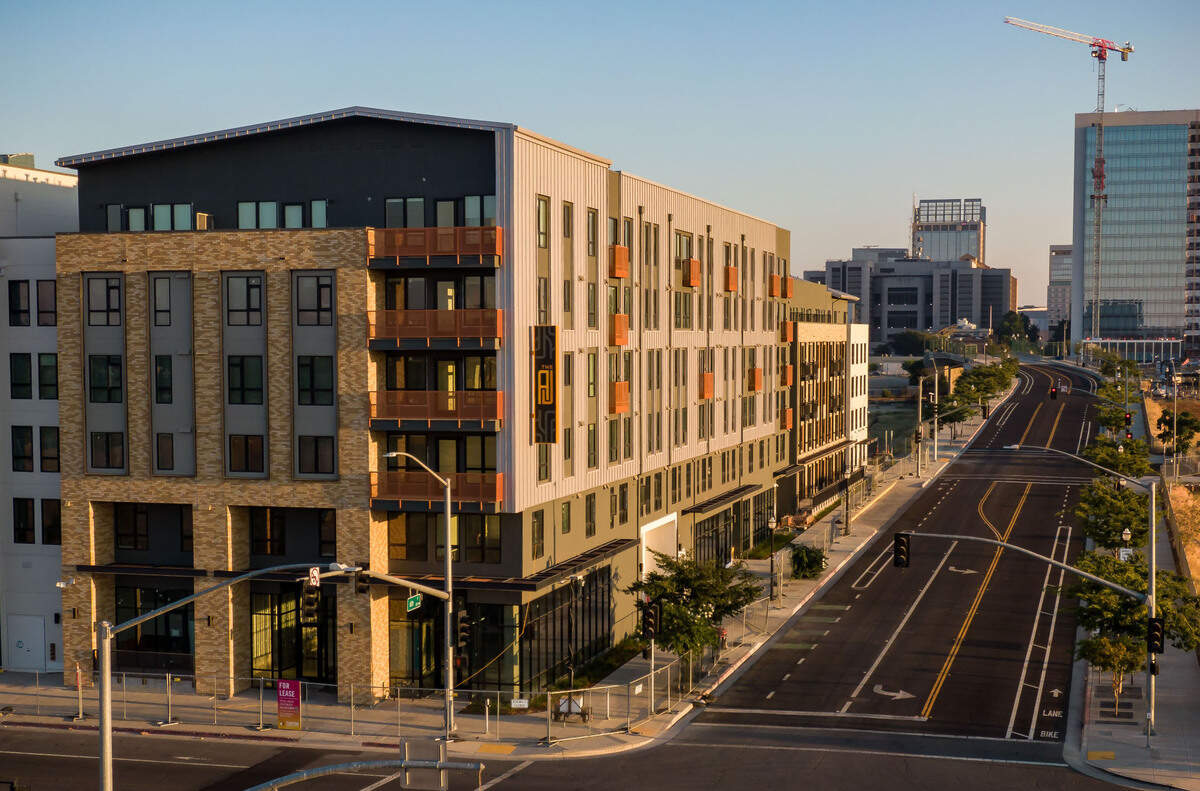 The A.J., the first completed housing project in The Railyards, at 6th Street and Railyards Boulevard in Sacramento in 2023.