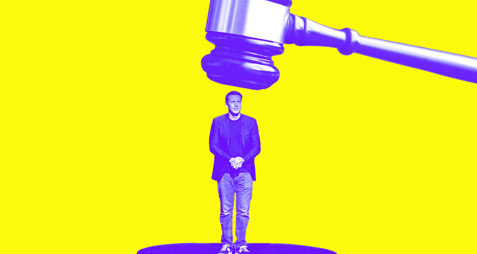 David Ellison underneath a gavel that's about to hit him in the head