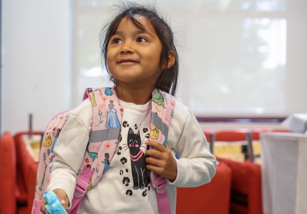 Yesica Ventura, 4, of San Jose smiles after picking out a backpack at Sacred Heart Community Service in San Jose, Calif., on Tuesday, July 28, 2026. (Shae Hammond/Bay Area News Group)