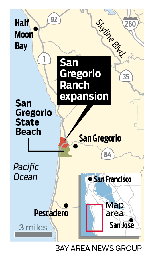 Map showing the location of San Gregorio State Beach and the San Gregorio Ranch property just to the north. The ranch property will be added to the state beach, increasing its footprint by about 50%.