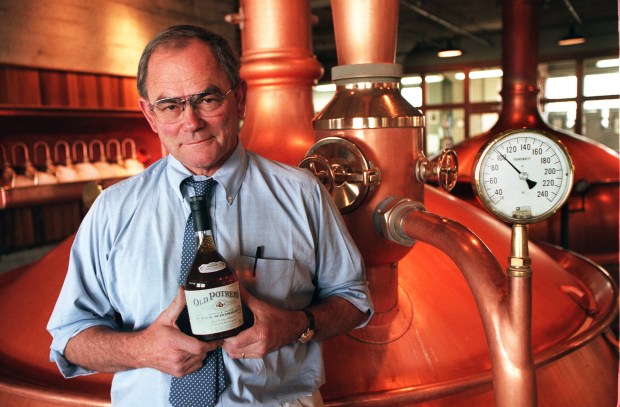 Fritz Maytag, owner of Anchor Brewing Co. in San Francisco, with his latest creation, Old Potrero whiskey, in 1997. (L.G. Francis)