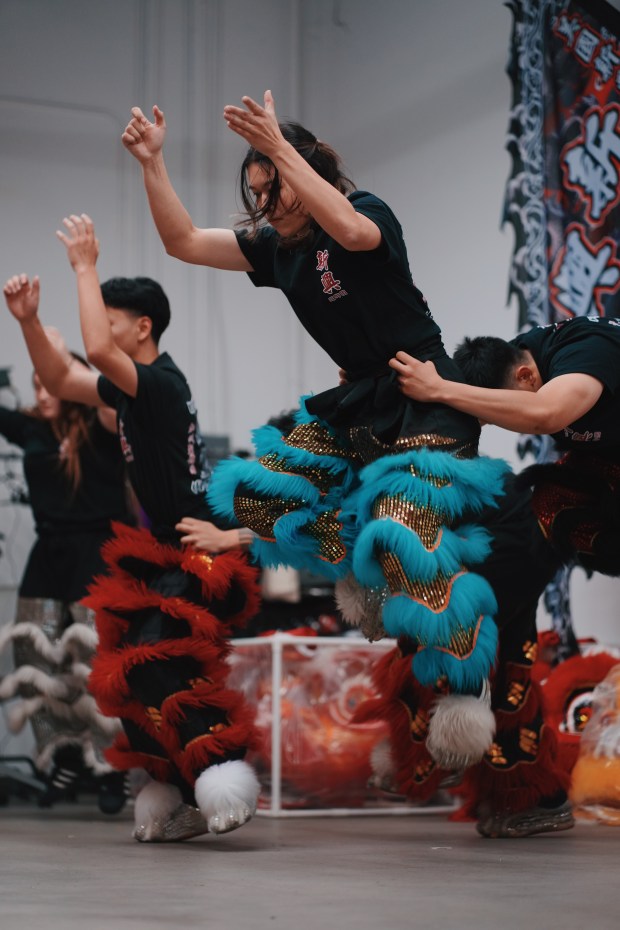 Members of Sun Hing dressed up in lion pants are practicing barehanded with their partners, Wednesday, April 1, 2026, in San Jose, Calif. (Photo by Yu Wang)