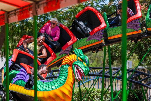 Visitors enjoy a ride on the Dragon Roller Coaster at Pixieland Amusement Park in Concord, Calif., on Saturday, June 27, 2026. (Ray Chavez/Bay Area News Group)