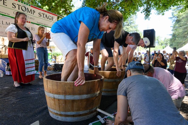 Santa Clara mayor Lisa Gillmor competes in the celebrity grape stomp competition with San Jose mayor Matt Mahan and San Jose Giants president Ben Taylor during the 44th annual Italian Family Festa held at History Park in San Jose, Calif., on Saturday, July 25, 2026. The event is hosted by the Italian American Heritage Foundation. (Jose Carlos Fajardo/Bay Area News Group)