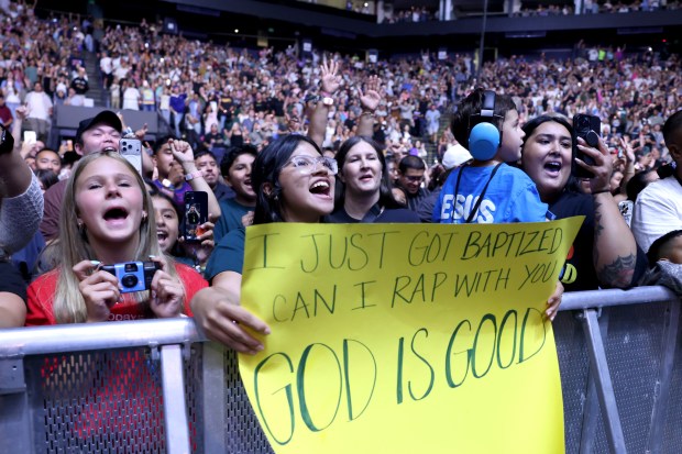 Fans sing along with Forrest Frank during a Christian music concert at Oakland Arena in Oakland, Calif., on Tuesday, July 14, 2026. (Ray Chavez/Bay Area News Group)
