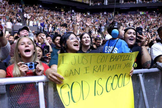 Fans sing along with Forrest Frank during a Christian music concert at Oakland Arena in Oakland, Calif., on Tuesday, July 14, 2026. (Ray Chavez/Bay Area News Group)