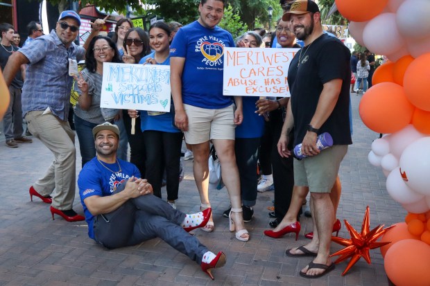 Employees from Meriwest Credit Union in San Jose came out to support this year's "Walk A Mile in Their Shoes" event at Santana Row on June 11, 2026. (Shivika Verma/Mosaic)