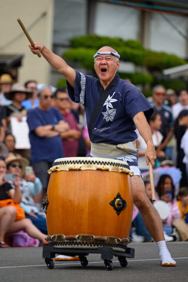 San Jose Taiko drummer Stewart Kume performs during the San Jose Obon Festival in San Jose, Calif., on Saturday, July 11, 2026. (Jose Carlos Fajardo/Bay Area News Group)