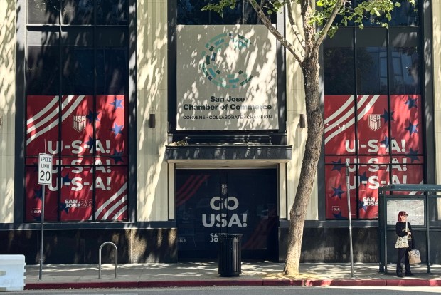 The San Jose Chamber of Commerce building added window treatments to cheer on Team USA before its FIFA World Cup match on Wednesday, July 1, 2026. (Sal Pizarro/Bay Area News Group)