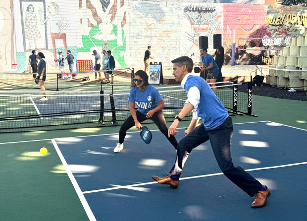 San Jose Mayor Matt Mahan prepares to return a ball during a pickleball game at Club Volo, a new outdoor sports hub that opened at the Serpentine Plaza in downtown San Jose on Friday, June 26, 2026. (Sal Pizarro/Bay Area News Group)