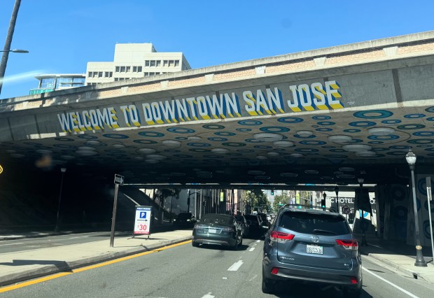 A new mural by John Barrick, aka Honest John, on the Highway 87 overpass on West Santa Clara Street, photographed on Friday, July 17, 2026, serves as a gateway to downtown San Jose. (Sal Pizarro/Bay Area News Group)