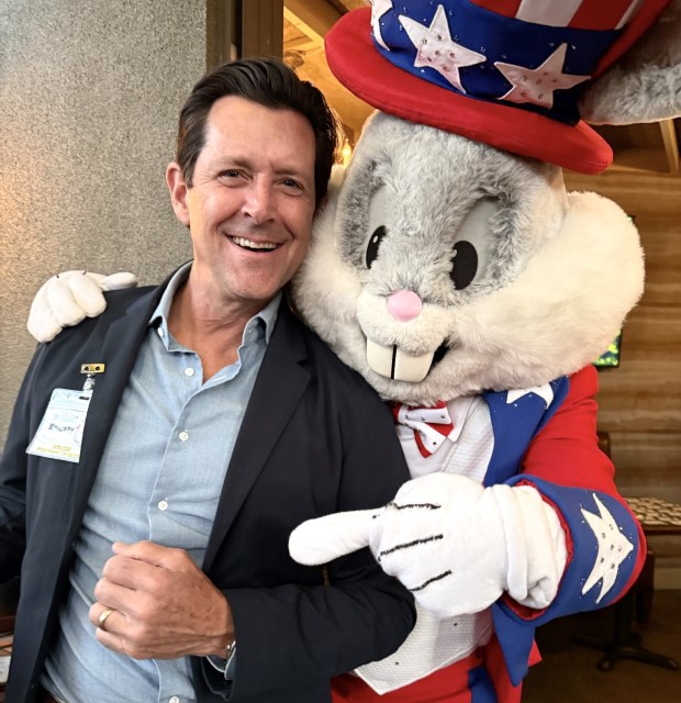 San Jose City Councilmember Michael Mulcahy poses with Bugs Bunny during a reunion for the show operations employees who worked at Marriott's Great America in the 1970s and '80s on Saturday, July 18, 2026. (Photo courtesy Michael Mulcahy)