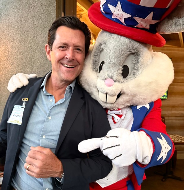 San Jose City Councilmember Michael Mulcahy poses with Bugs Bunny during a reunion for the show operations employees who worked at Marriott's Great America in the 1970s and '80s on Saturday, July 18, 2026. (Photo courtesy Michael Mulcahy)