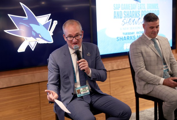 SAP Center Senior Vice President Jon Gustafson speaks during the "Taste of the Tank" event at the center. (Jane Tyska/Bay Area News Group)