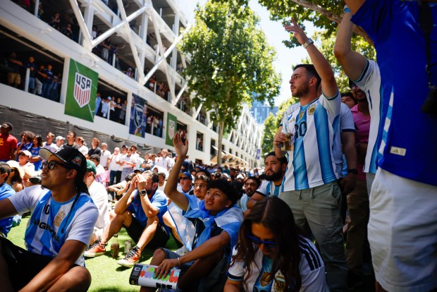 Argentina fans watch Argentina play against England at San Pedro Square Market in San Jose, Calif., on Wednesday, July 15, 2026. (Shae Hammond/Bay Area News Group)