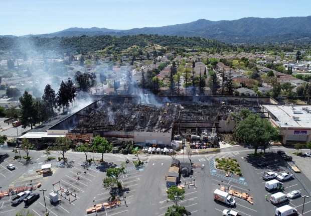 SAN JOSE, CALIFORNIA - APRIL 10: The Home Depot store on Blossom Hill Road destroyed by fire in San Jose, Calif., on Sunday, April 10, 2022. (Nhat V. Meyer/Bay Area News Group)