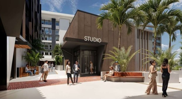 Street-level view of a mixed-use six-story building whose components include residential units, a Taiko performance studio and a gallery, concept.(TCA Architects)