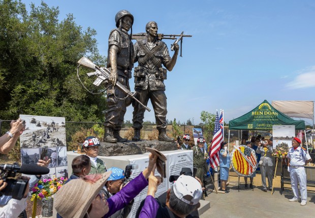 A statue dedicated to the South Vietnamese and American soldiers who fought together in the Vietnam War is unveiled, Saturday, July 13, 2024, in San Jose, Calif. (Karl Mondon/ Bay Area News Group)