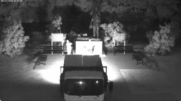 The San Jose Police Department Fraud Unit is asking for the public's assistance in identifying two suspects responsible for the theft and vandalism of the "Thank You, America Monument." (San Jose Police Department)