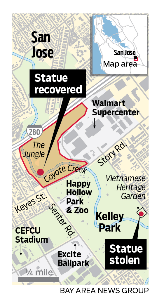 This is a map showing the original location of the statue stolen from the Vietnamese Heritage Garden in San Jose; and the map also shows where the statue was recovered, less than a mile away in 'The Jungle,' which was once the city's largest homeless encampment.