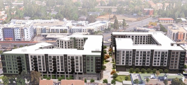 Two-building apartment complex at 3896 Stevens Creek Boulevard, bird's-eye view, concept. (TCA Architects)