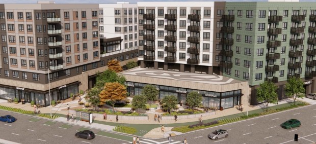 Two-building apartment complex at 3896 Stevens Creek Boulevard, bird's-eye view, concept. (TCA Architects)