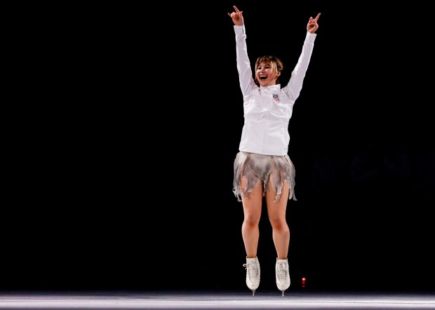Alysa Liu, 2026 Olympic gold medalist, jumps in excitement during the 2026 Stars on Ice tour at SAP Center in San Jose, Calif., on Sunday, May 17, 2026. (Shae Hammond/Bay Area News Group)