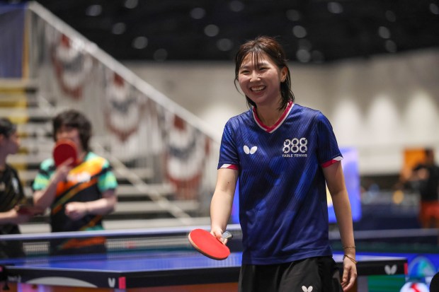 Tiffany Ke, of 888 Table Tennis Center, smiles while competing in women's doubles semi finals during the 2026 U.S. National Table Tennis Championships at the San Jose McEnery Convention Center in San Jose, Calif., on Tuesday, July 7, 2026. (Shae Hammond/Bay Area News Group)