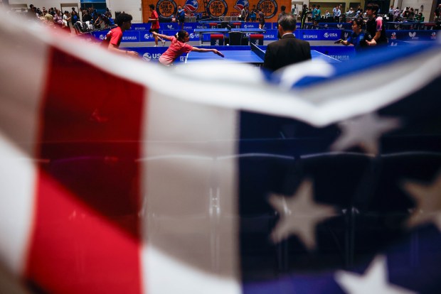 U.S. Flags are hung inside during the 2026 U.S. National Table Tennis Championships at the San Jose McEnery Convention Center in San Jose, Calif., on Tuesday, July 7, 2026. (Shae Hammond/Bay Area News Group)