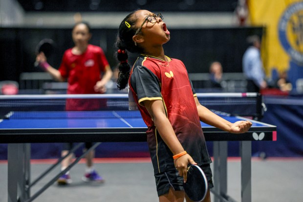 Sophia Jina Ferreira, of Long Island, celebrates while playing competes in the 2026 U.S. National Table Tennis Championships at the San Jose McEnery Convention Center in San Jose, Calif., on Tuesday, July 7, 2026. (Shae Hammond/Bay Area News Group)