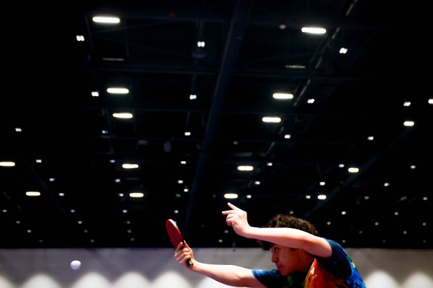 Lance Wu, of California Table Tennis, hits the ball during the 2026 U.S. National Table Tennis Championships at the San Jose McEnery Convention Center in San Jose, Calif., on Tuesday, July 7, 2026. (Shae Hammond/Bay Area News Group)
