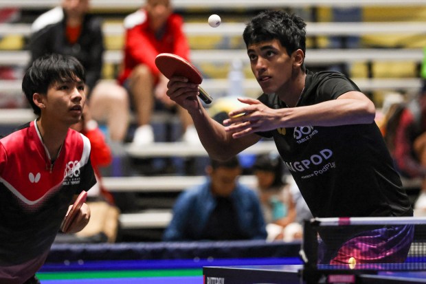 Nadan Naresh, right, and Daniel Tran, left, compete in the mens double semi finals during the 2026 U.S. National Table Tennis Championships at the San Jose McEnery Convention Center in San Jose, Calif., on Tuesday, July 7, 2026.  (Shae Hammond/Bay Area News Group)