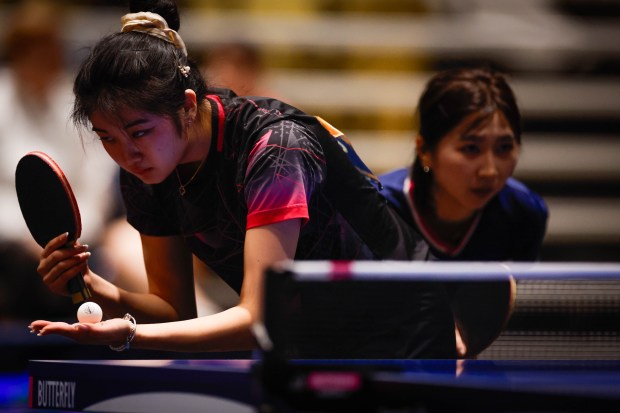 Angie Tan, left, and Tiffany Ke compete in the women's doubles semi finals during the 2026 U.S. National Table Tennis Championships at the San Jose McEnery Convention Center in San Jose, Calif., on Tuesday, July 7, 2026.  (Shae Hammond/Bay Area News Group)