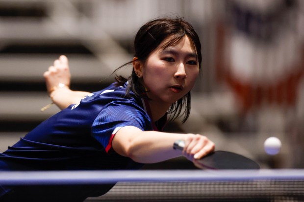 Tiffany Ke, of 888 Table Tennis Center, smiles while competing in women's doubles semi finals during the 2026 U.S. National Table Tennis Championships at the San Jose McEnery Convention Center in San Jose, Calif., on Tuesday, July 7, 2026. (Shae Hammond/Bay Area News Group)