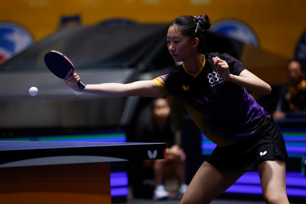 Amy Wang returns the ball against Sally Moyland during the women's singles final for the 2026 U.S. National Table Tennis Championships at the San Jose McEnery Center in San Jose, Calif., on Wednesday, July 8, 2026. (Nhat V. Meyer/Bay Area News Group)