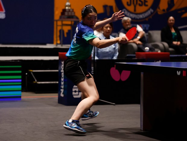 Sally Moyland returns the ball against Amy Wang during the women's singles final for the 2026 U.S. National Table Tennis Championships at the San Jose McEnery Center in San Jose, Calif., on Wednesday, July 8, 2026. (Nhat V. Meyer/Bay Area News Group)