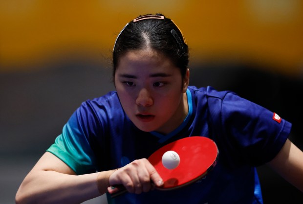 Sally Moyland returns the ball against Amy Wang during the women's singles final for the 2026 U.S. National Table Tennis Championships at the San Jose McEnery Center in San Jose, Calif., on Wednesday, July 8, 2026. (Nhat V. Meyer/Bay Area News Group)