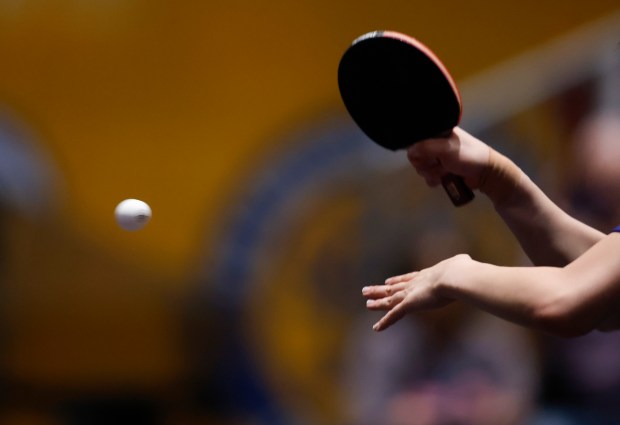 Sally Moyland returns the ball against Amy Wang during the women's singles final for the 2026 U.S. National Table Tennis Championships at the San Jose McEnery Center in San Jose, Calif., on Wednesday, July 8, 2026. (Nhat V. Meyer/Bay Area News Group)