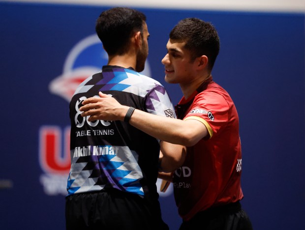 Kanak Jha, right, celebrates his 4-3 win against Nikhil Kumar for the men's singles final for the 2026 U.S. National Table Tennis Championships at the San Jose McEnery Center in San Jose, Calif., on Wednesday, July 8, 2026. (Nhat V. Meyer/Bay Area News Group)